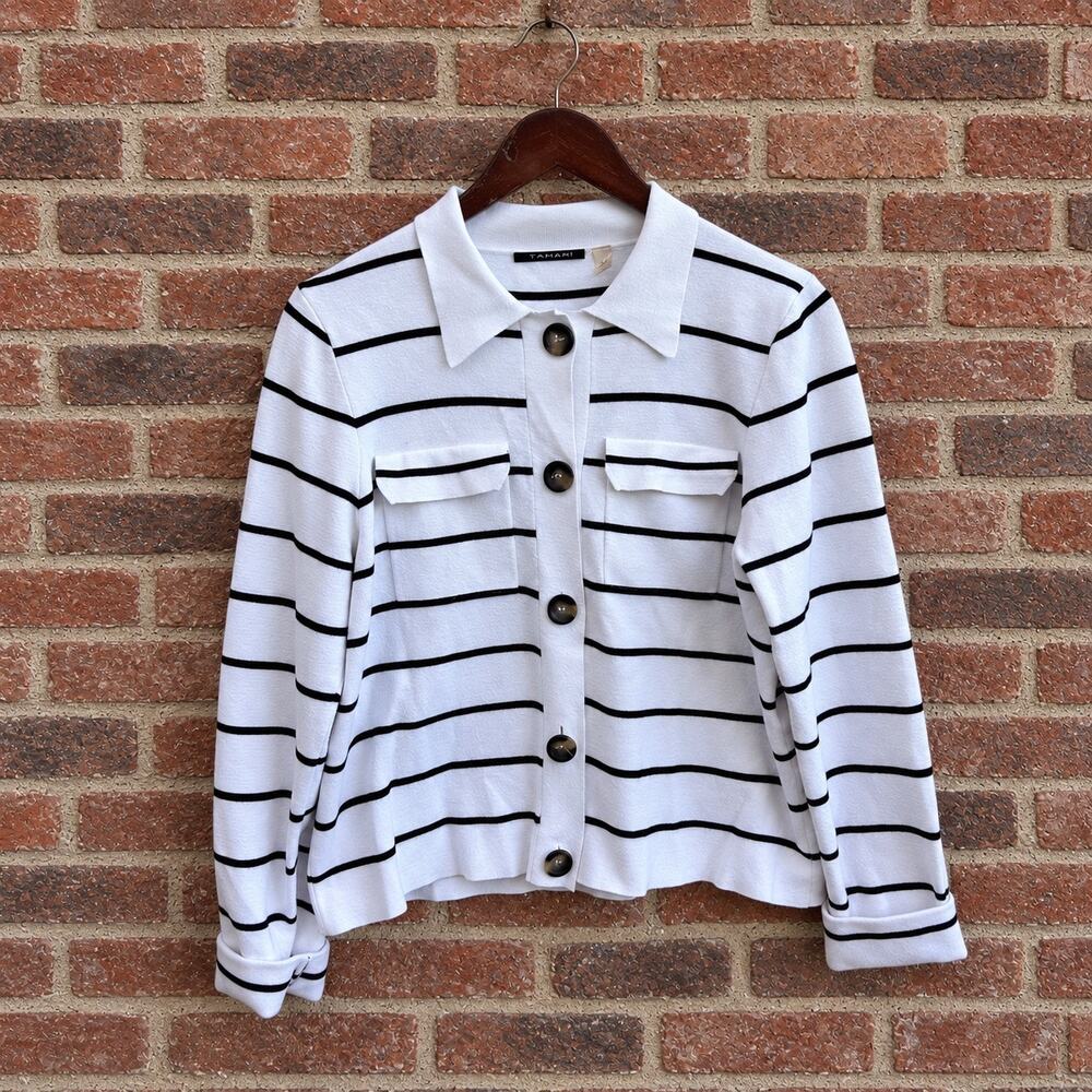 T Tahari Striped Collared Button Front Cardigan Womenβs L